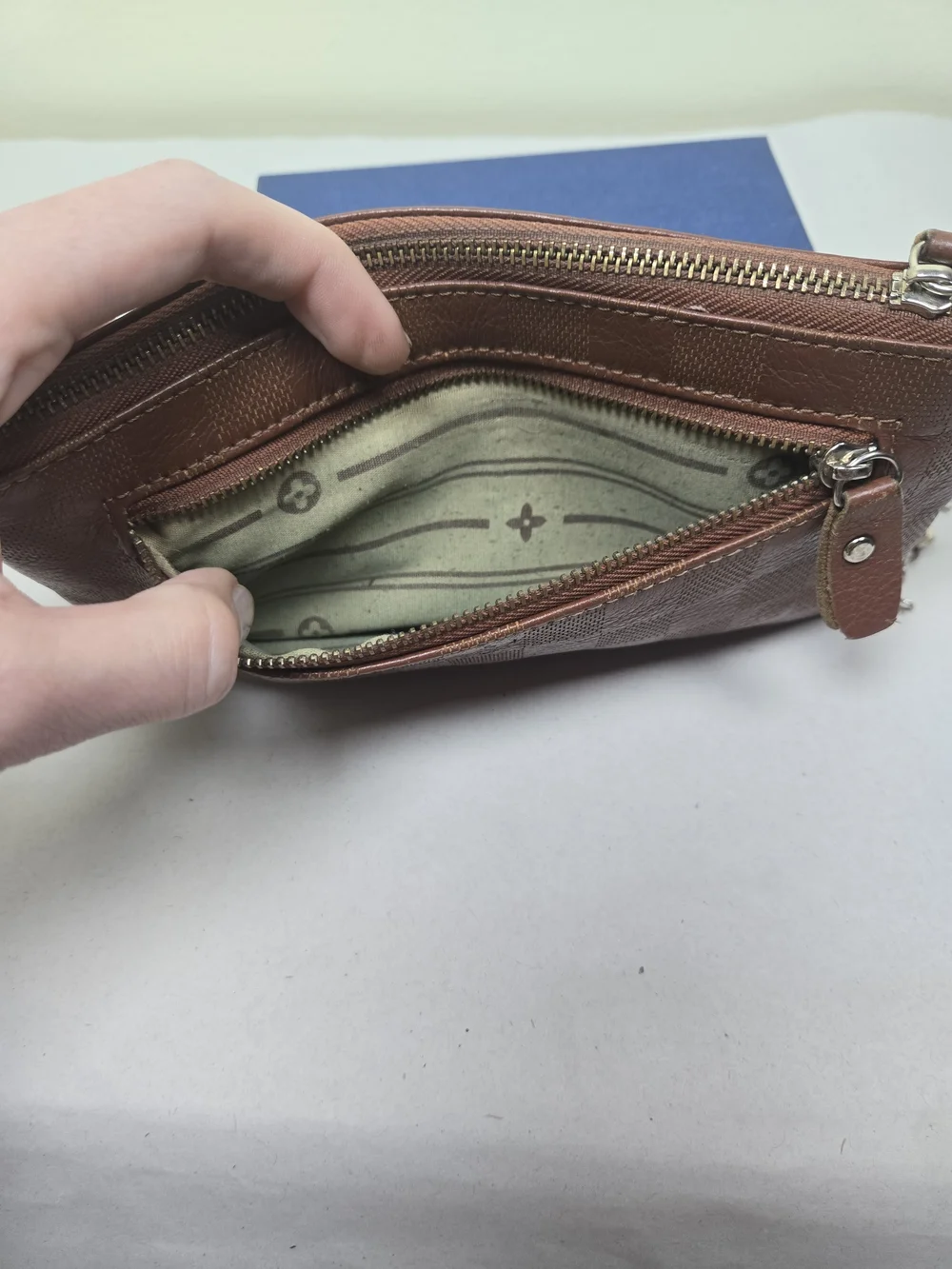Vintage Louis Vuitton Brown Leather Zip Pouch with Chain Charm - Needs TLC